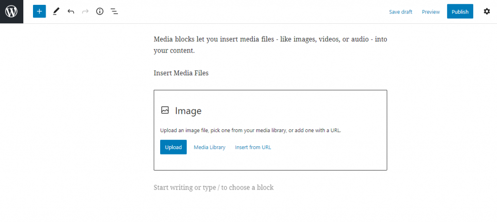 Screenshot of inserting media files on WordPress blocks 