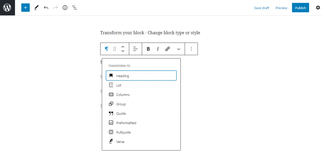 Screenshot of WordPress bock transformation 