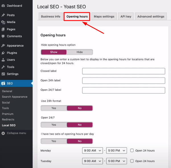 set opening hours of your business with yoast