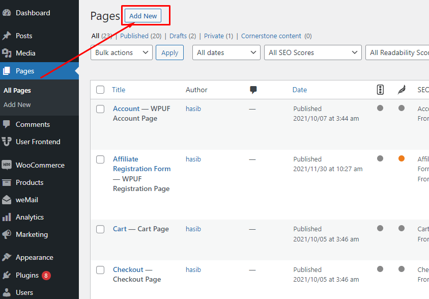 Add New Pages- How to manage affiliates